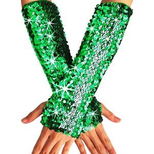 Women's A-Green Fashion Sequin Glitter Long Arm Sleeves Gloves Fingerless